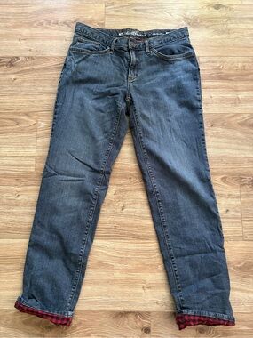 Eddie Bauer Women's Dark Blue Boyfriend Jeans with Red Plaid lining